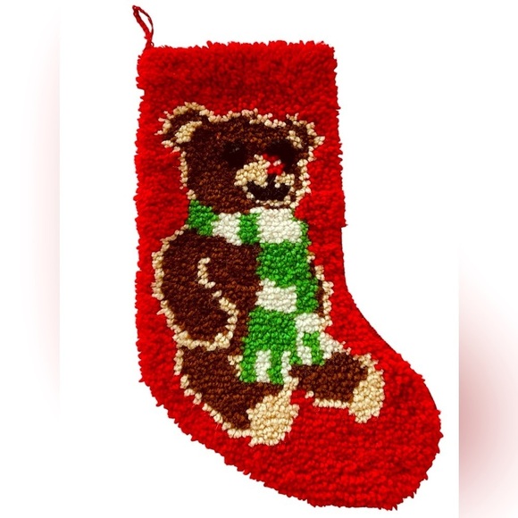 Teddy Bear Hooked Rug Christmas Stocking w/Scarf X-Large Corduroy Handmade 20" - Picture 1 of 3